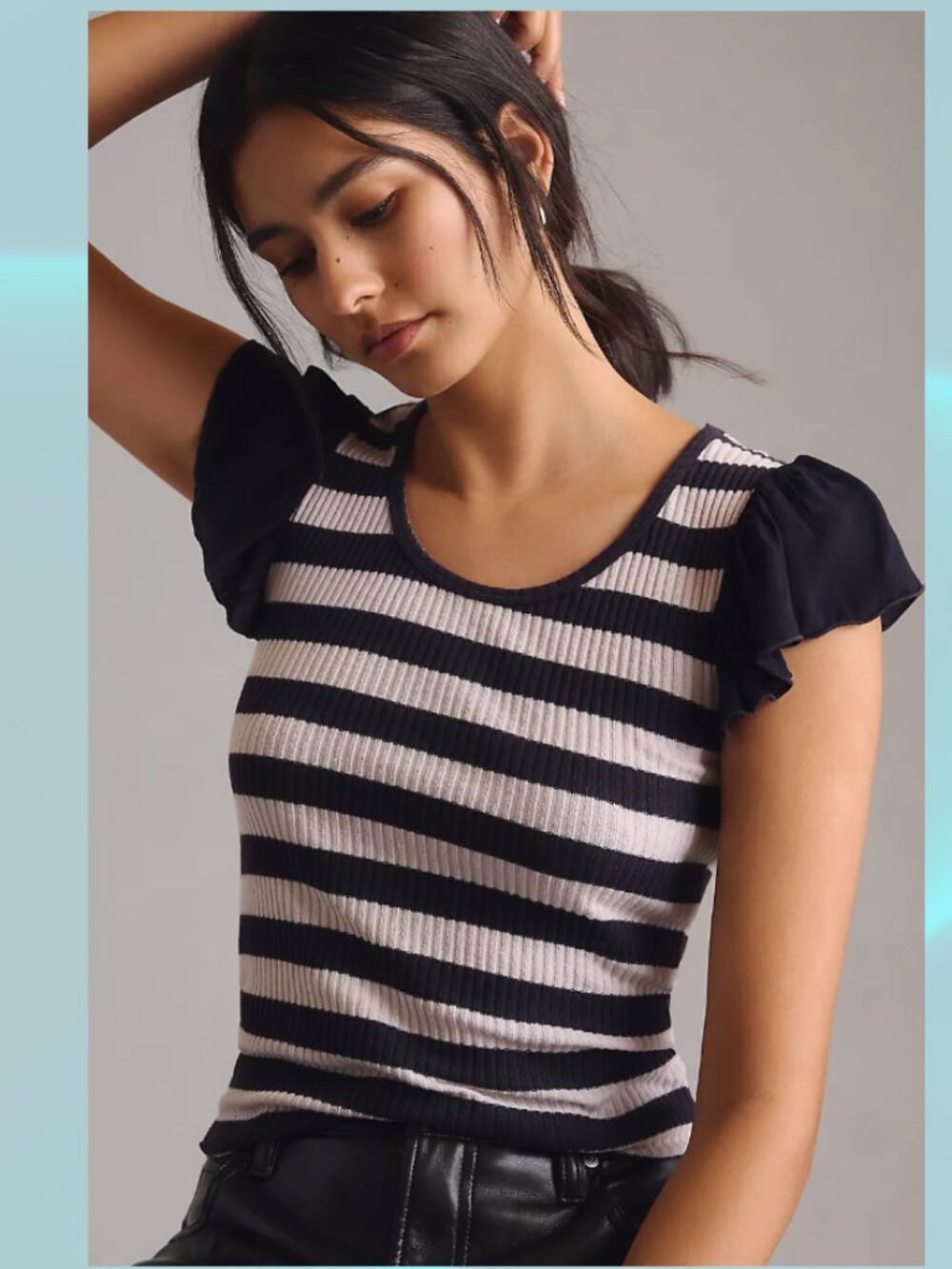 Anthropologie Black and White Rib knit Stripe Flutter-Sleeve Tee